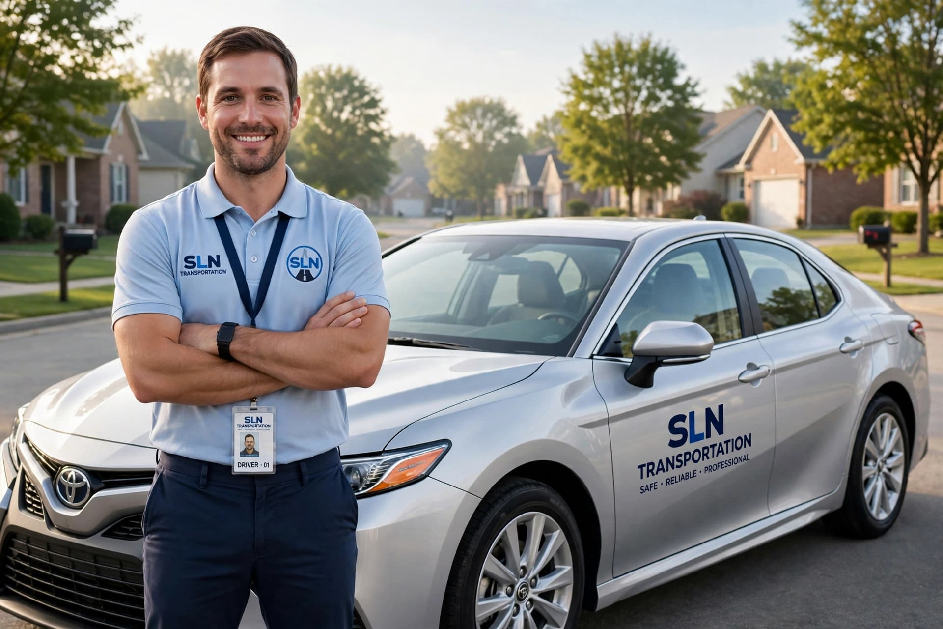 Smiling SLN driver with crossed arms beside a silver SLN sedan in a residential neighborhood
