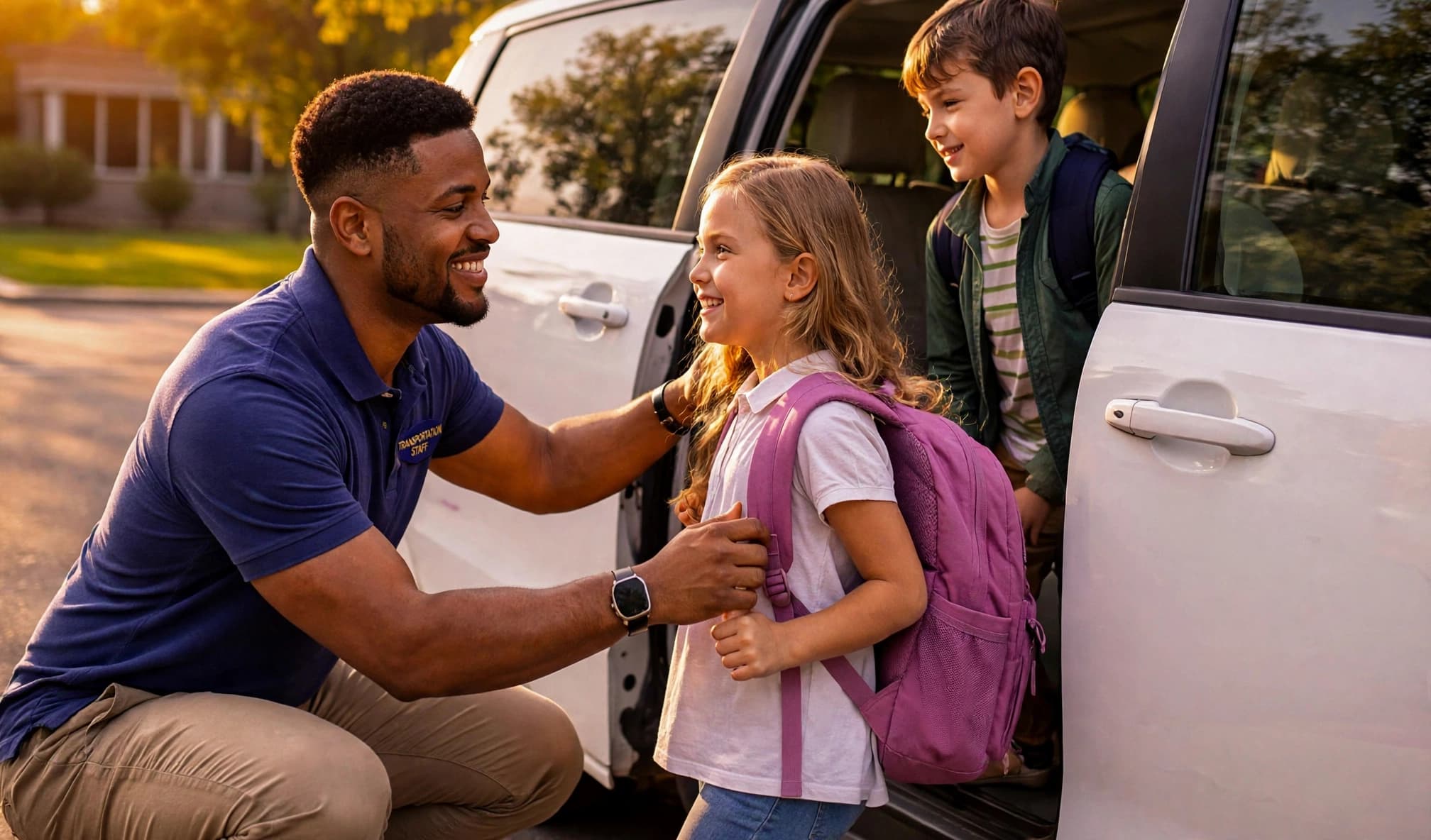 SLN monitor helping young students out of the vehicle at home