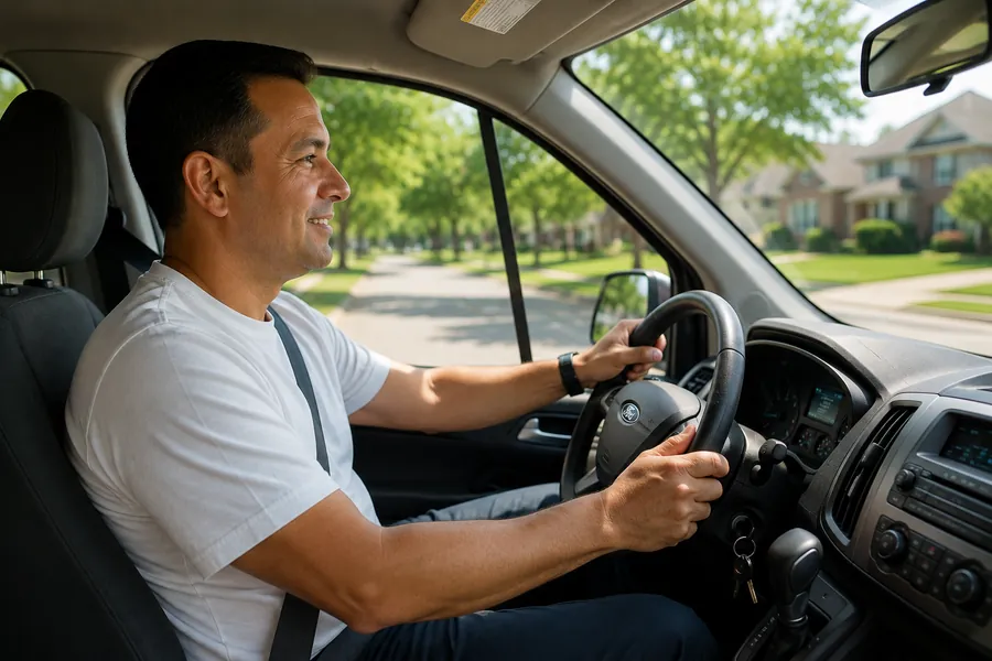 SLN driver at the wheel in a residential neighborhood