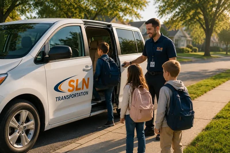 Students boarding an SLN vehicle in the neighborhood