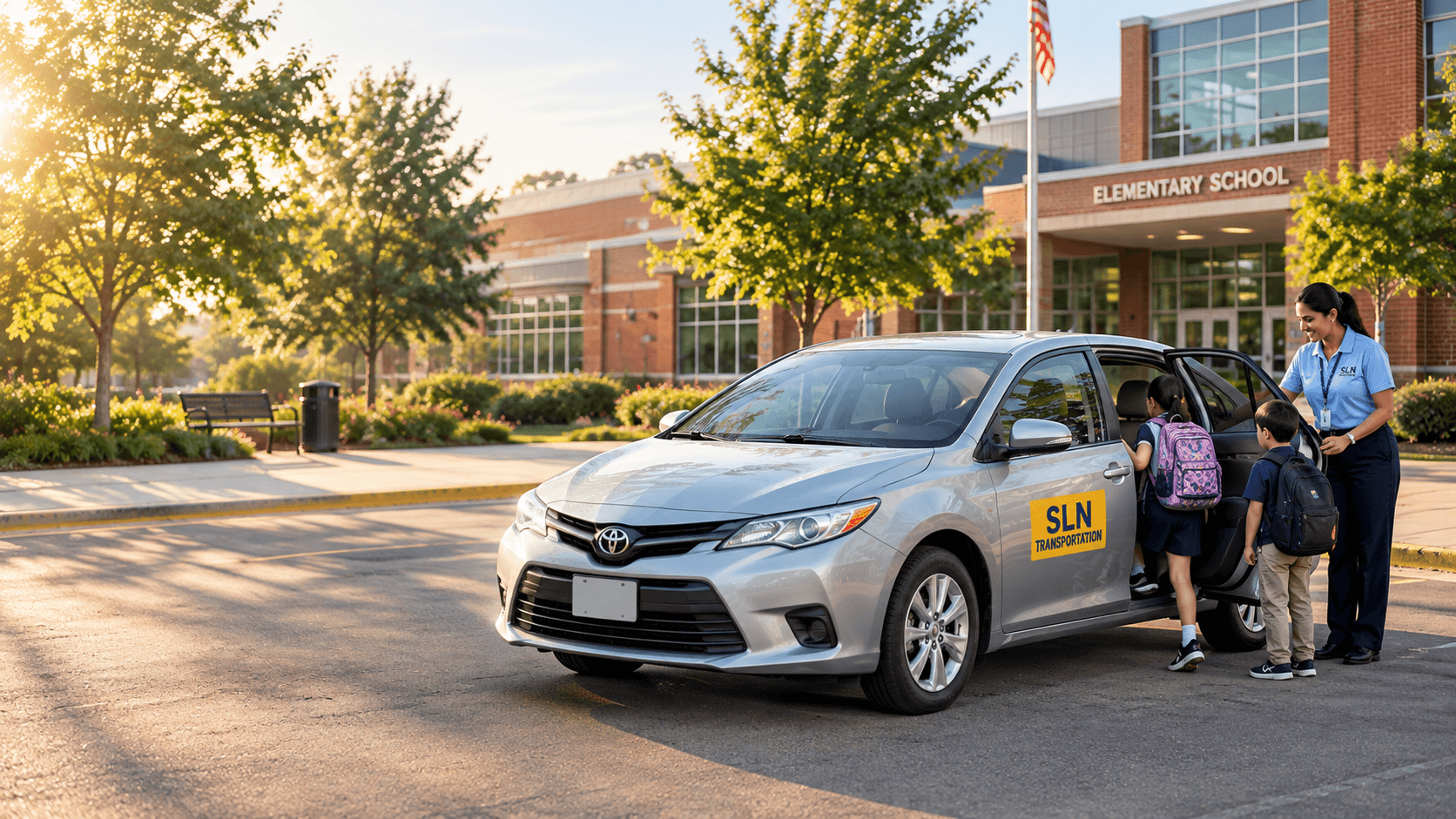 Student with backpack stepping into an SLN sedan at school