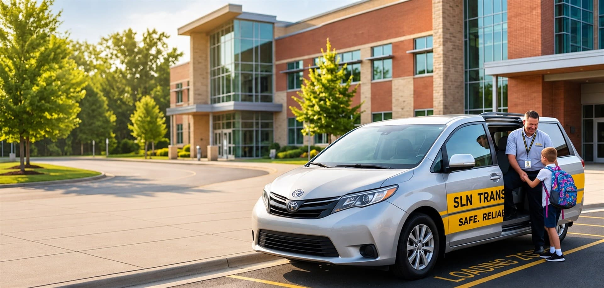 SLN minivan — Safe. Reliable. On Time. at the school loading zone