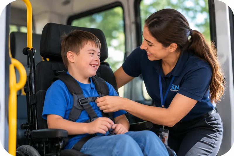 SLN attendant securing a student with special needs