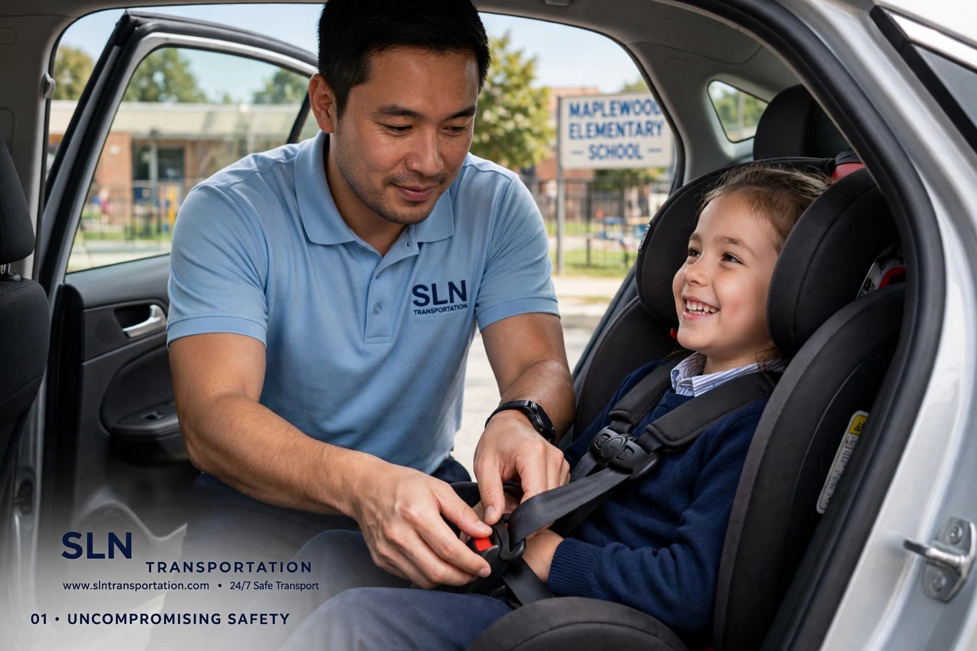 SLN driver securing a young student in a booster seat outside Maplewood Elementary