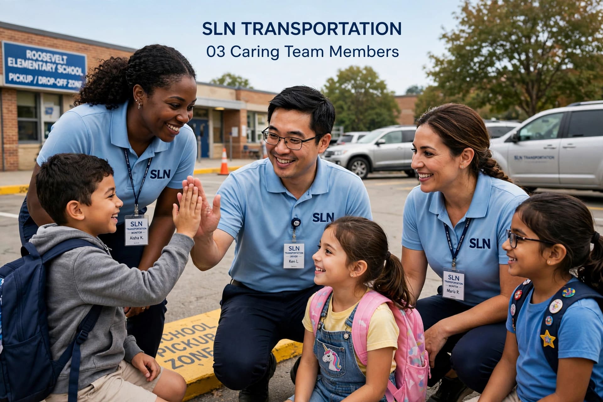 SLN team members giving high-fives to happy students at Roosevelt Elementary pickup