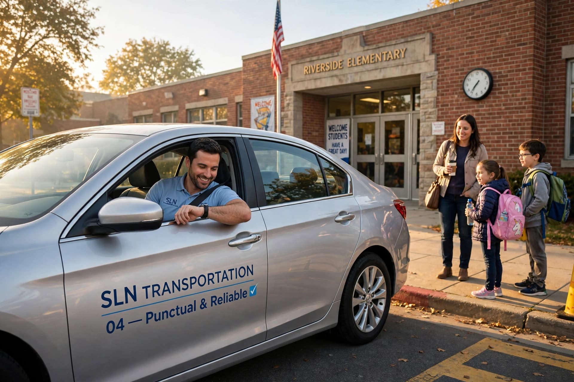 SLN driver greeting a family at the Riverside Elementary curb on time